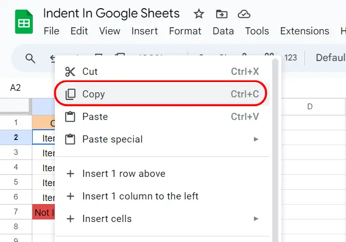 How to indent in Google Sheets